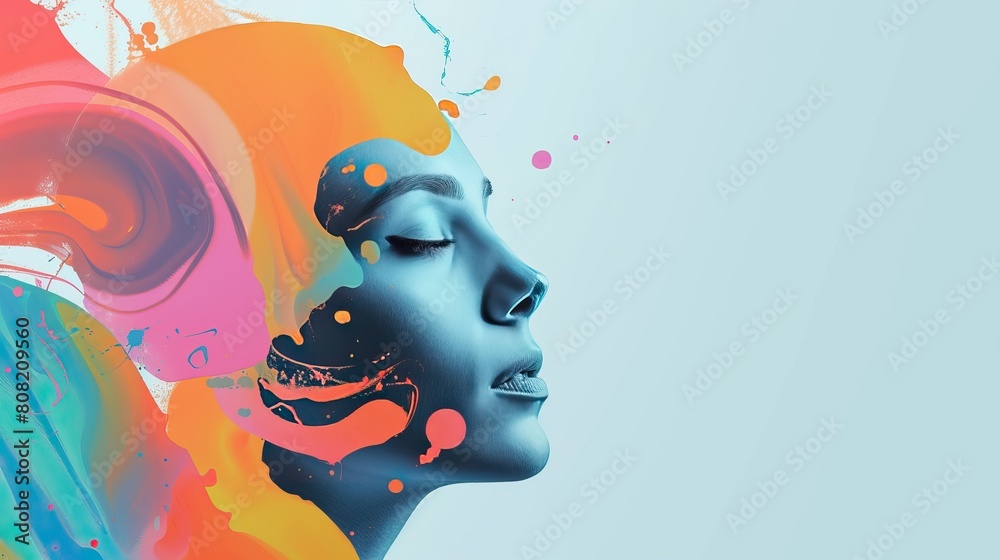 Fototapeta premium Colorful Mind: Artistic Profile. Artistic representation of a woman's profile with vibrant paint splashes in orange and blue.