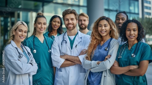 A group of medical professionals are posing for a photo. Scene is positive and friendly, as everyone is smiling and looking happy. The concept of the image is to showcase the camaraderie