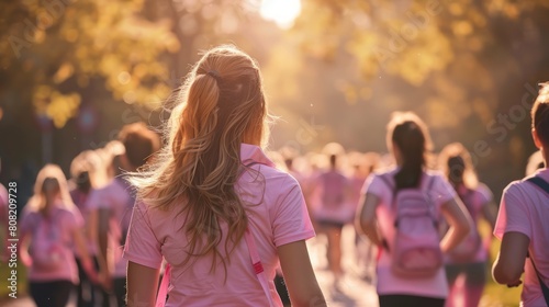 A group of women are running in a park, all wearing pink shirts. The woman in the center of the group is the only one with a ponytail photo