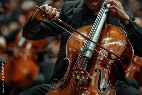 Close shot of an absorbed musician playing a cello with depth and intensity within an orchestra photo