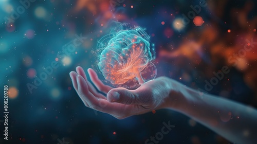 Digital Brain Concept. A hand holding a glowing  transparent brain with digital connections in a dark  bokeh background.