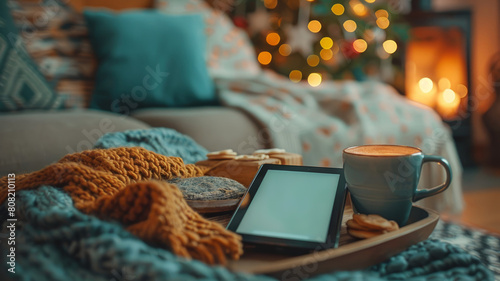 Cozy home scene with ebook reader and coffee photo