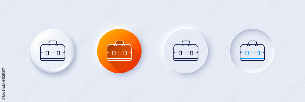Business case line icon. Neumorphic, Orange gradient, 3d pin buttons. Portfolio symbol. Diplomat sign. Line icons. Neumorphic buttons with outline signs. Vector Business case line icon. Neumorphic, Orange gradient, 3d pin buttons. Portfolio symbol. Diplomat sign. Line icons. Neumorphic buttons with outline signs. Vector
