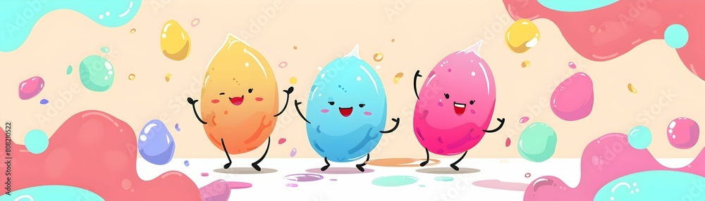 Whimsical illustration of animated, colorful cartoon characters having fun in a festive parade, featuring playful expressions and vibrant colors. Whimsical illustration of animated, colorful cartoon characters having fun in a festive parade, featuring playful expressions and vibrant colors.