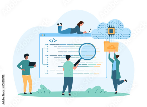 Coding with digital cloud platform, computing. Tiny people study software code with magnifying glass online, developers using web storage system for files and folders cartoon vector illustration