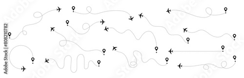Plane flight path vector set. Airplane flying dotted line to destination collection.