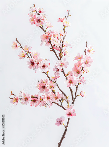  A pink peach blossom branch with flowers, with a white background