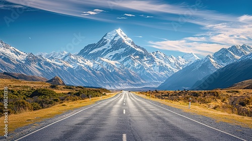 New Zealand, A road leading to snowcapped mountains in the background.