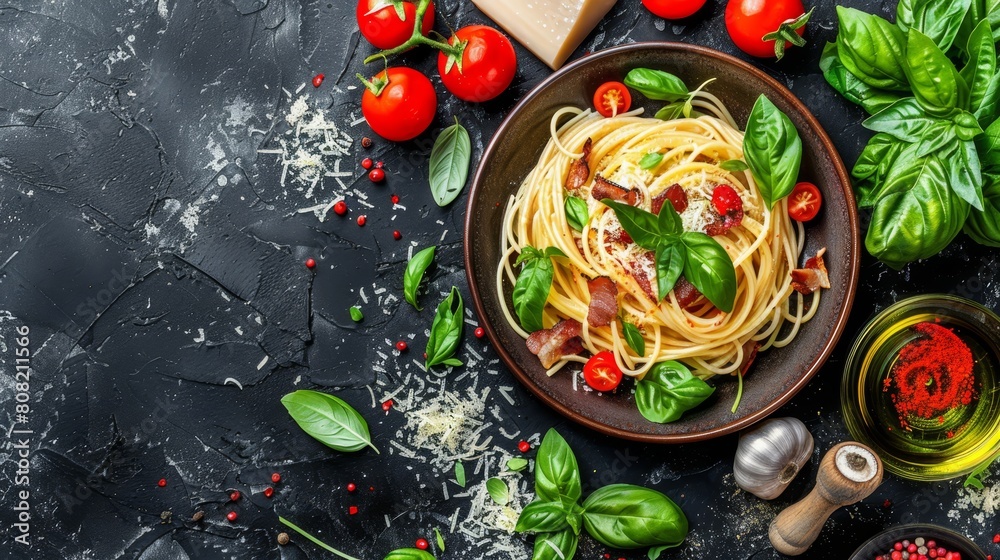 A plate of spaghetti against a black backdrop, topped with tomatoes, basil, and generously sprinkled with Parmesan cheese A plate of spaghetti against a black backdrop, topped with tomatoes, basil, and generously sprinkled with Parmesan cheese