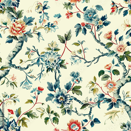 Chinese Traditional Ornament Seamless Pattern, toile pattern, print design, vector Chinoiserie floral pattern, colorful 2