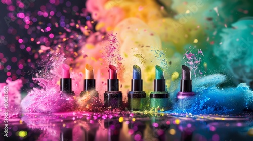 Nail polishes and their vibrant explosion scattering, set against a luxury cosmetic background, emphasizing the variety in a luxury color and nice shot sharpen for banner