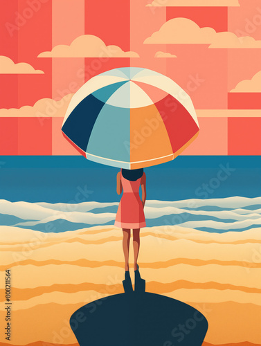 retro illustration of a young girl on holiday at the beach  holding a parasol  umbrella  sea  sun  waves