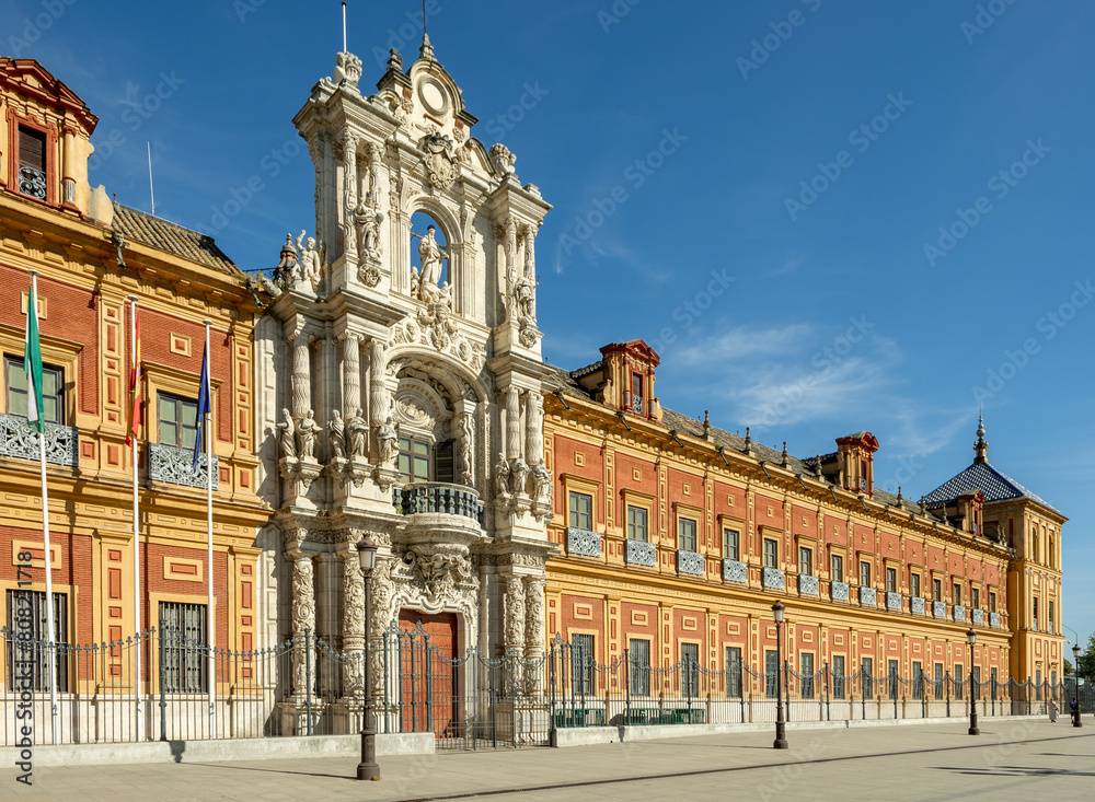 Fototapeta premium Facade of the Palacio de San Telmo in Seville, 17th century building, headquarters of the Presidency of the Junta de Andalucía, Spain