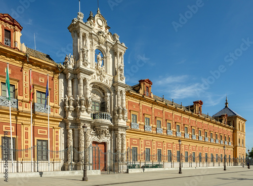 Facade of the Palacio de San Telmo in Seville, 17th century building, headquarters of the Presidency of the Junta de Andalucía, Spain