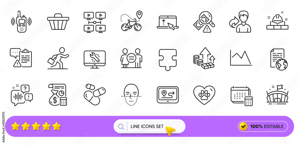 Accounting, Fraud and Pets care line icons for web app. Pack of Voicemail, Arena, Internet document pictogram icons. Capsule pill, Equality, Businessman run signs. Monitor repair. Search bar. Vector