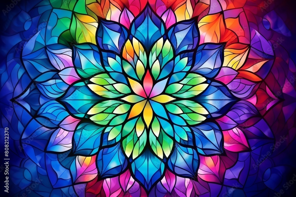 Vibrant stained glass mandala background with primary colors for captivating visuals Vibrant stained glass mandala background with primary colors for captivating visuals