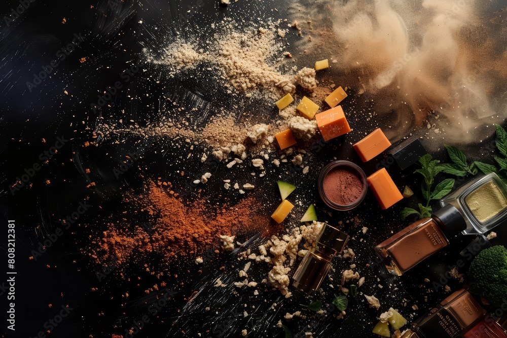 Vegan cosmetics on a black background in a food explosion