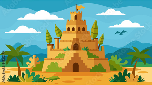 An imposing sandcastle representing the destruction of the Amazon rainforest with trees made of sand and figures representing endangered species..