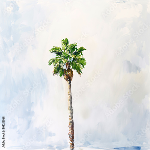  a lone palm tree against a white background. photo