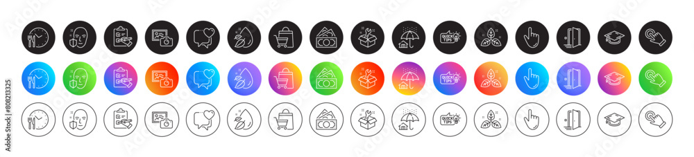 Door, Money and Face protection line icons. Round icon gradient buttons. Pack of Cursor, Sale bags, Fair trade icon. Checklist, Graduation cap, Home insurance pictogram. Vector Door, Money and Face protection line icons. Round icon gradient buttons. Pack of Cursor, Sale bags, Fair trade icon. Checklist, Graduation cap, Home insurance pictogram. Vector