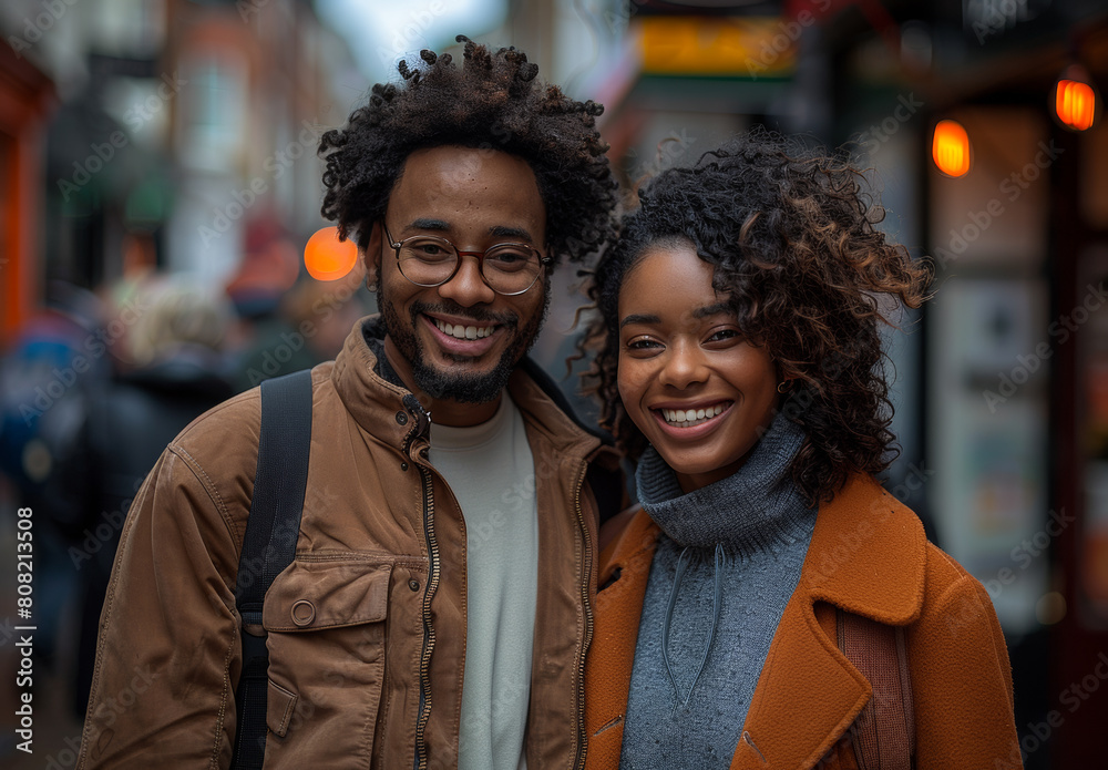 Portrait of young couple standing together in the city Portrait of young couple standing together in the city