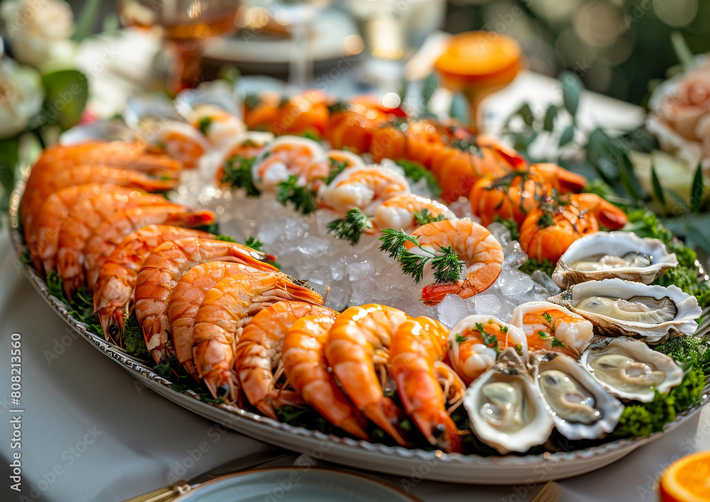 Seafood platter with shrimps oysters and scallops on the ice at the wedding reception Seafood platter with shrimps oysters and scallops on the ice at the wedding reception