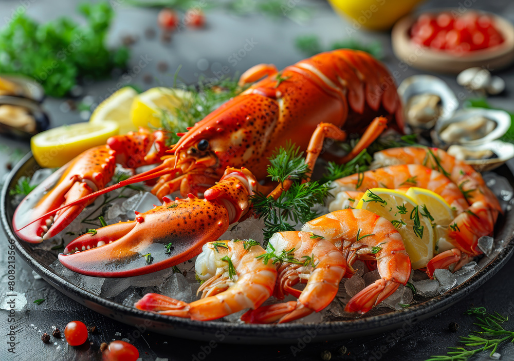 Fresh seafood lobster prawns with herbs and spices on dark background Fresh seafood lobster prawns with herbs and spices on dark background