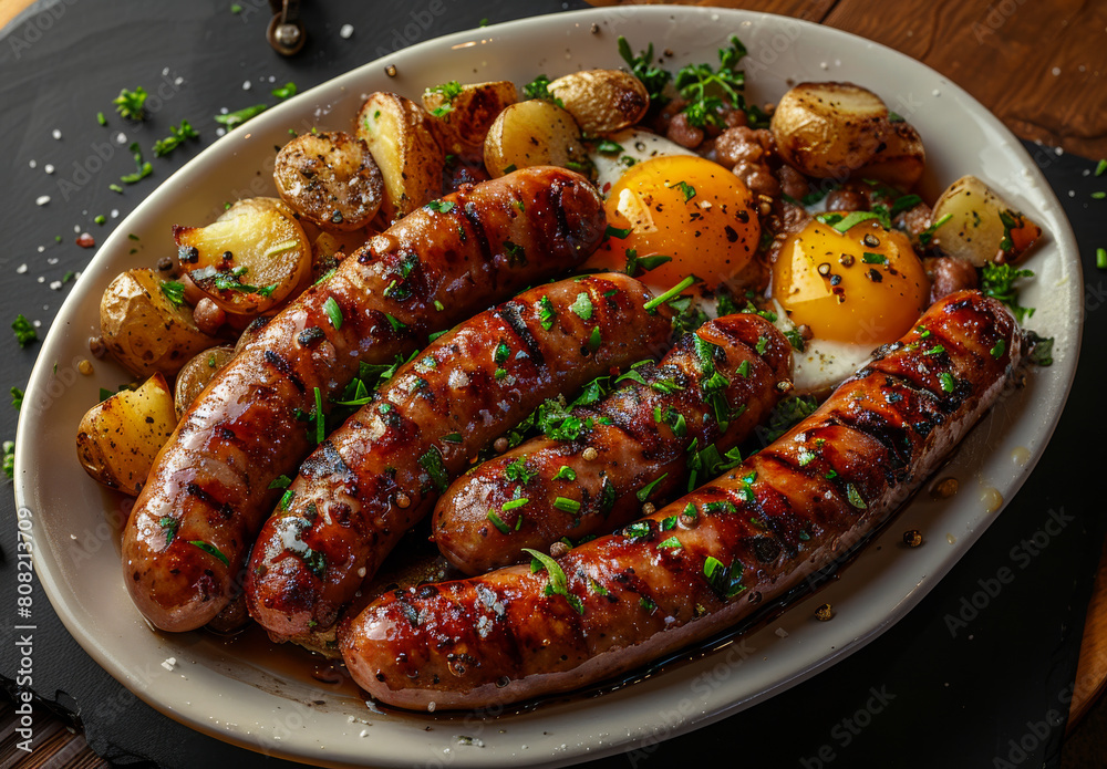 Grilled sausages and fried potatoes on plate Grilled sausages and fried potatoes on plate