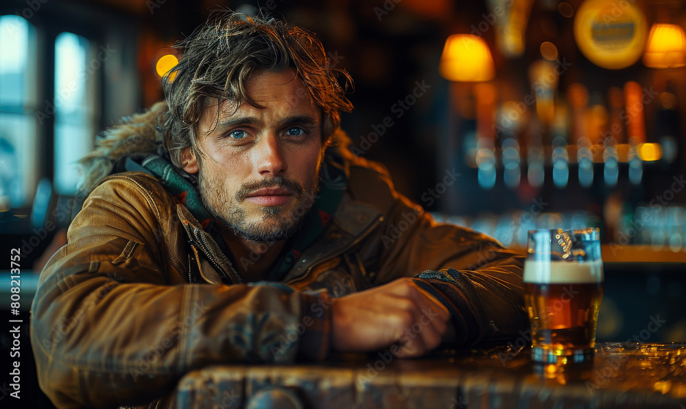 Portrait of handsome man drinking beer in pub Portrait of handsome man drinking beer in pub
