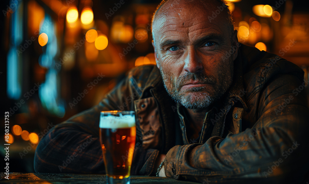 Man is sitting at table in pub with pint of beer. He is looking at the camera with serious expression.