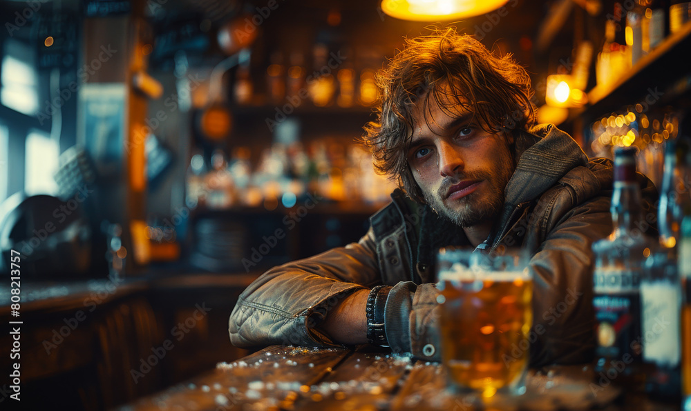Young drunk man drinking beer in pub and looks at camera Young drunk man drinking beer in pub and looks at camera