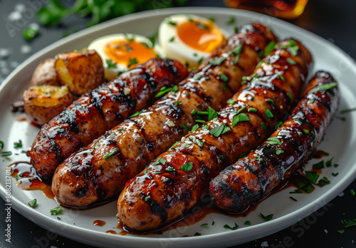 Grilled sausages with boiled eggs and potatoes on white plate