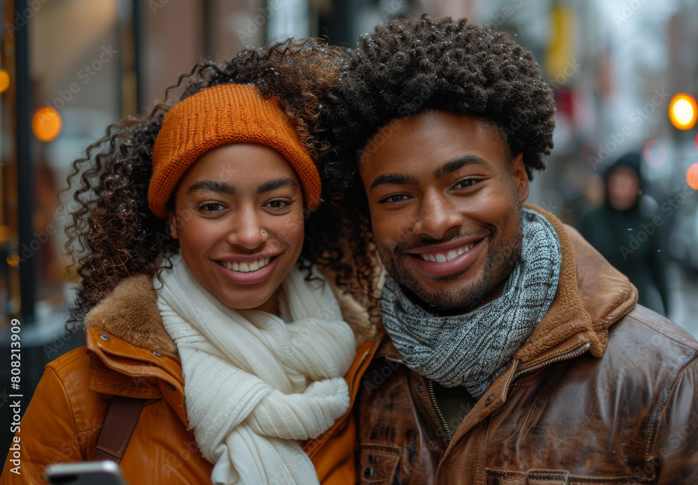 Portrait of happy young couple in winter clothes looking at camera Portrait of happy young couple in winter clothes looking at camera