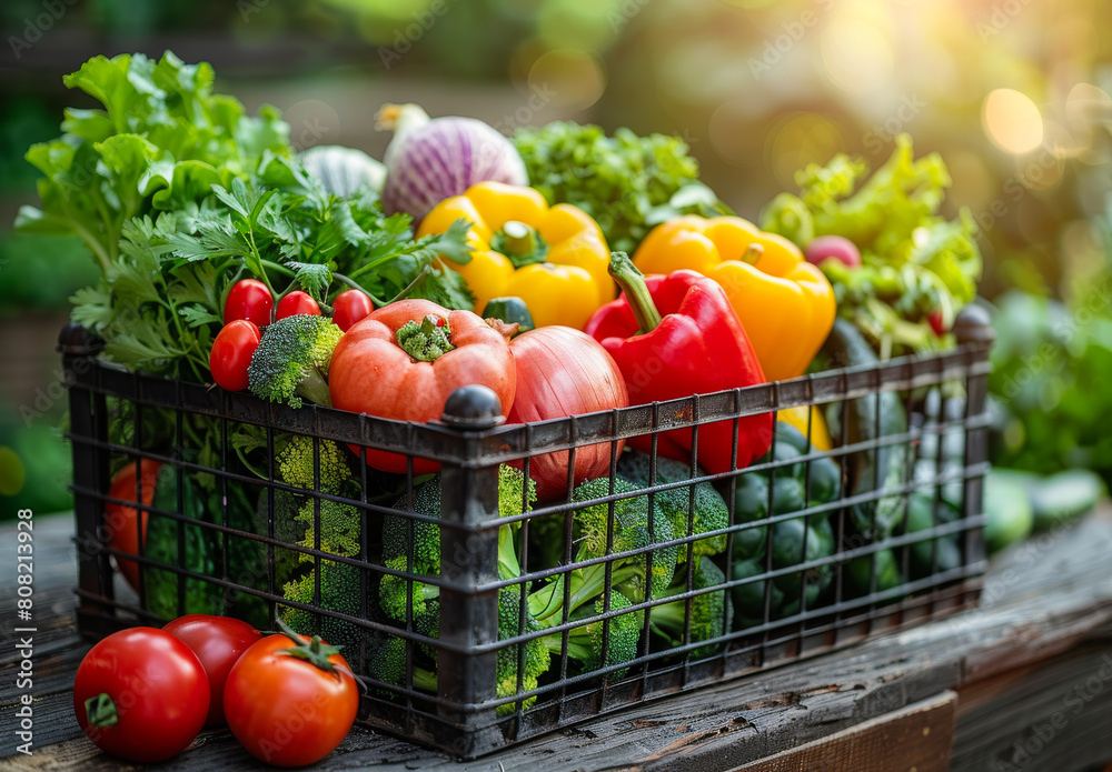 Fresh organic vegetables in wicker basket in the garden Fresh organic vegetables in wicker basket in the garden