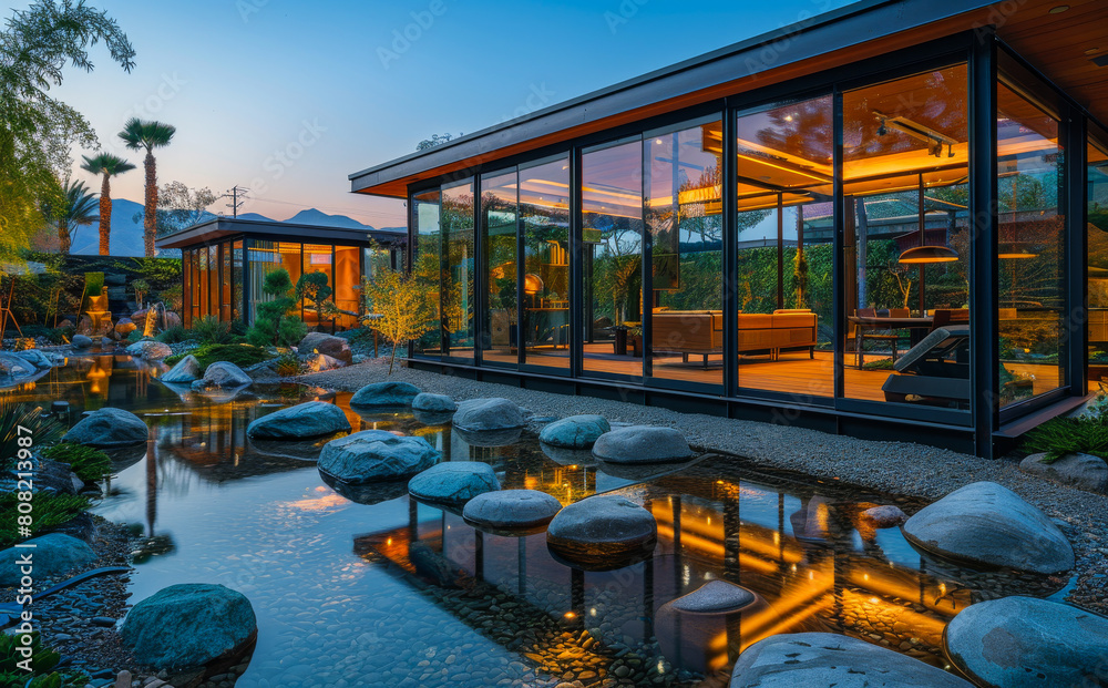 Modern house with pond and rocks
