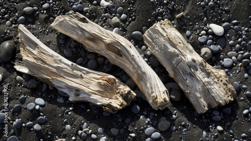 Driftwood on a pebbled beach