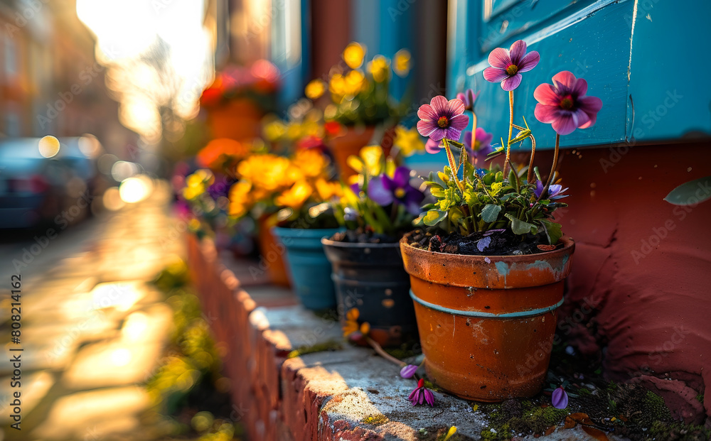 Colorful flowers in pots on the street Colorful flowers in pots on the street