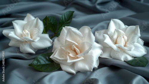 Three white gardenias on fabric.