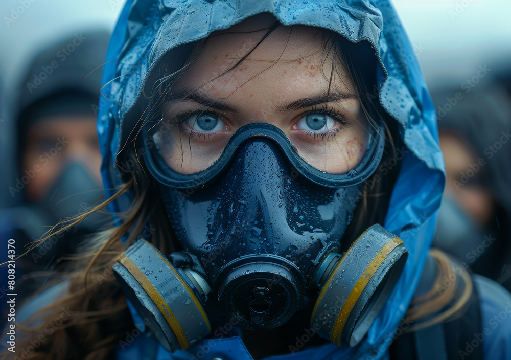Girl in gas mask looks at the camera. Girl in gas mask looks at the camera.
