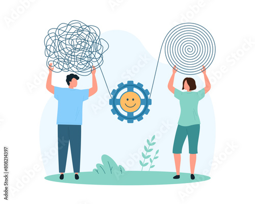 Communication problems solving, negotiation. Tiny two people transform complex chaos of threads into order, develop empathy and emotional intelligence, understanding cartoon vector illustration