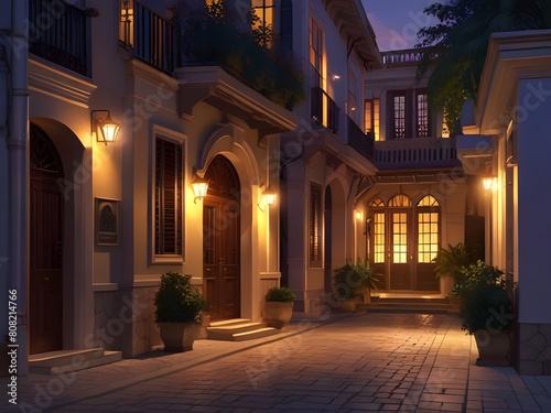 A large house with potted plants and lighting on the pathway.