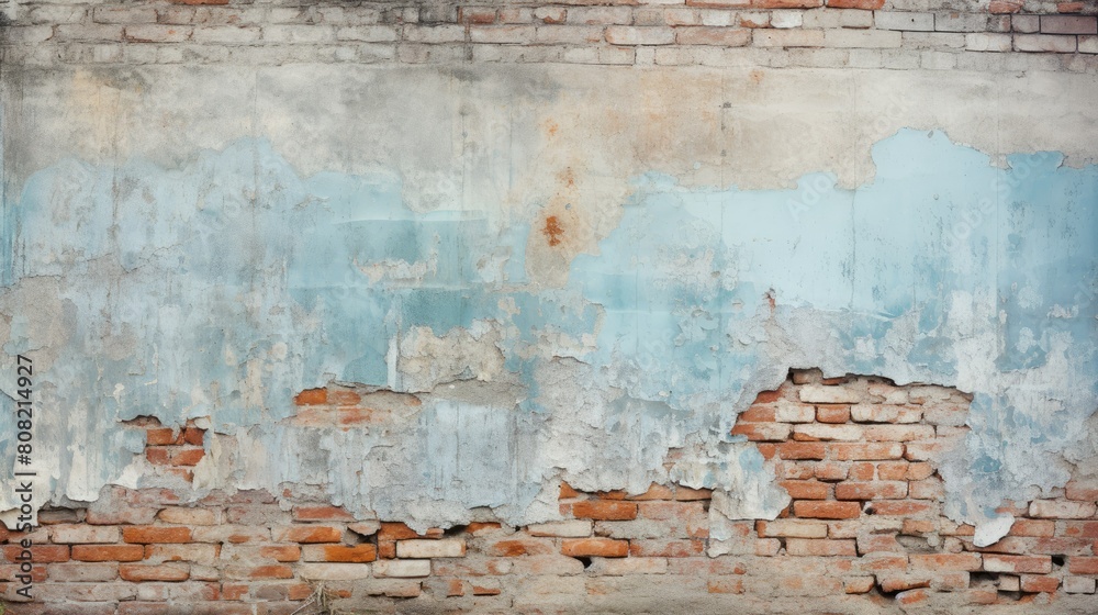 A weathered brick wall with peeling paint and visible texture, showcasing the passage of time and history A weathered brick wall with peeling paint and visible texture, showcasing the passage of time and history