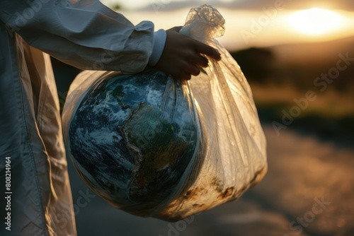 The picture of the person that has been holding the earth globe that come with the plastic bag that can stand for multiple meaning like protect the earth or keep the earth from plastic bag. AIGX01.