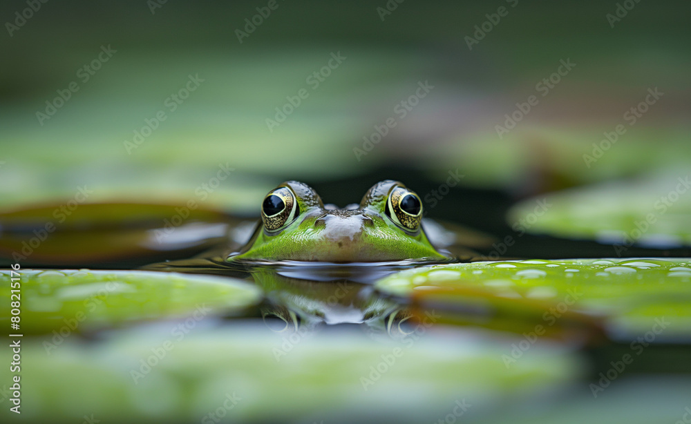 Frog peeking out from beneath a lily pad in a pond. Frog peeking out from beneath a lily pad in a pond.