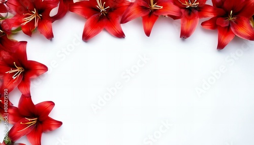 Red flowers on a white background with space for text