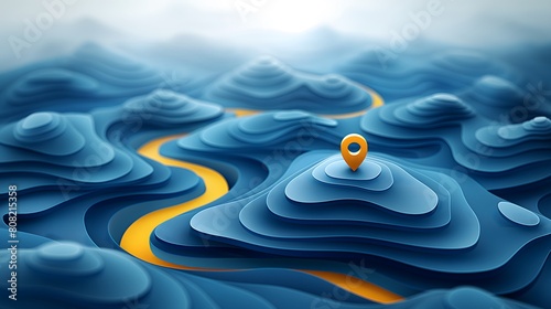 Abstract blue topographic layers with orange path and location pin