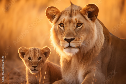 a close up of lion mom and son on natural background