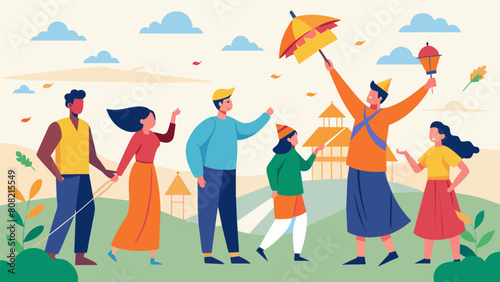 A group of tourists in a foreign country learn how to fly traditional kites as a unique cultural way to stay fit and experience the local community.. Vector illustration