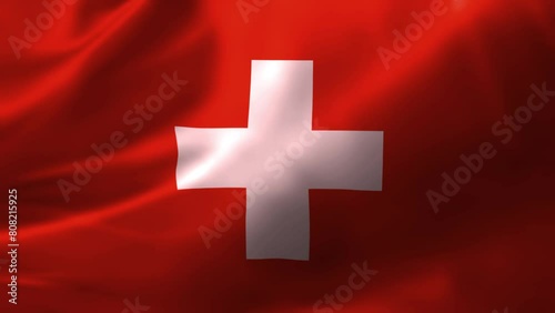 Realistic HD flag of the Switzerland waving in the wind. Close up of Switzerland Flag Slow Waving with visible. flag background texture with vibrant colors and fabric background