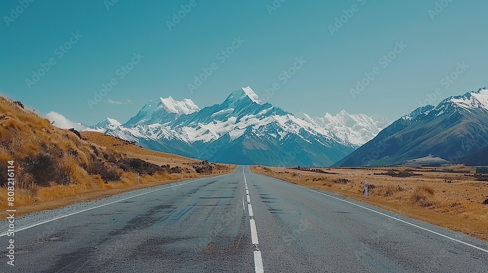 Empty road leading to snow covered mountains. Beautiful Landscape blue sky background.